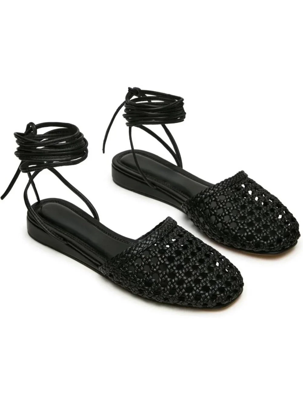 Women's Wedges Black Ballet Flats Lace Up Closed Square Toe Summer Dressy Sandal